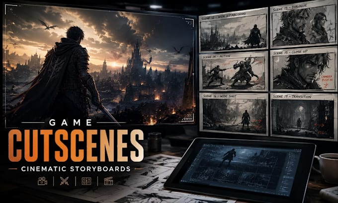 create game cinematic storyboard sequences and cutscenes