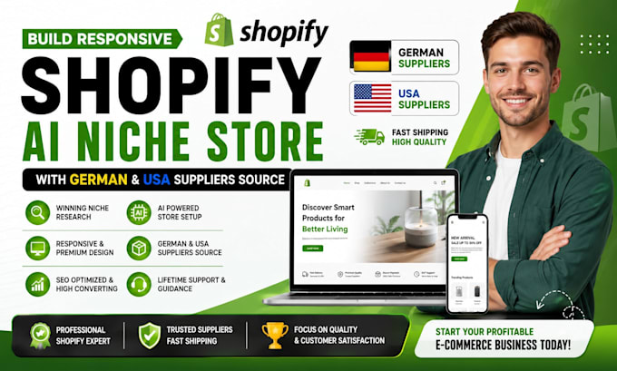 build responsive shopify website ai niche store with german usa suppliers source