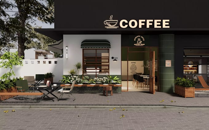 create 3d cafe interior and exterior, supermaket design, boutique, 3d rendering
