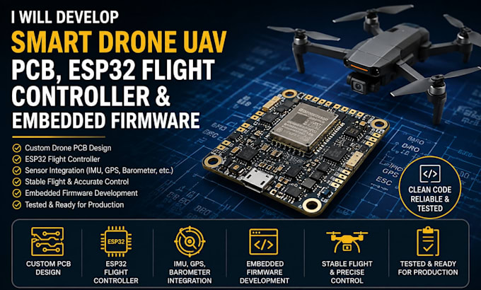 develop smart drone uav pcb, esp32 flight controller and embedded firmware