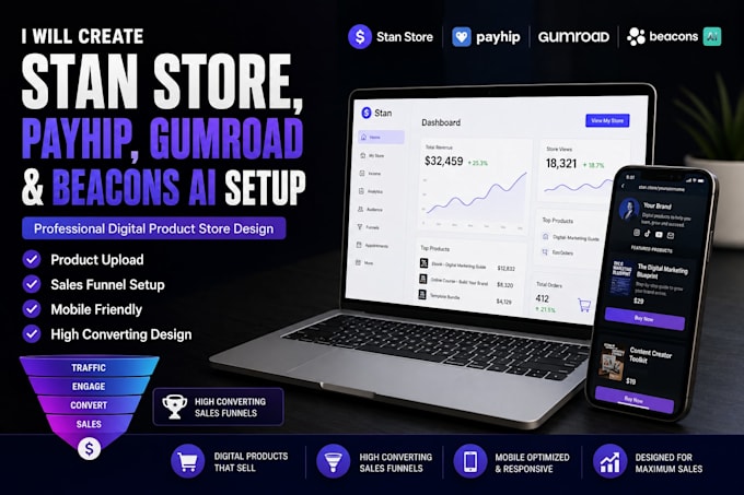 create stan store, payhip, gumroad and beacons ai setup