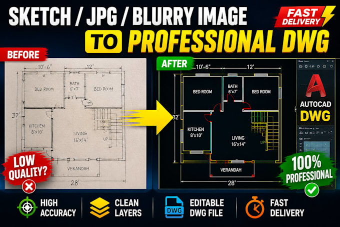 redraw a hand sketch or blurry image into an autocad dwg