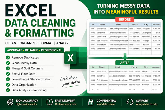 clean, format, remove duplicates, sort, merge excel data