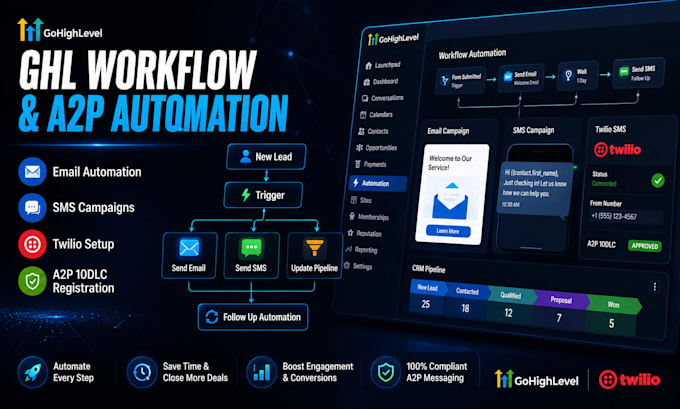 setup gohighlevel workflow automation email SMS and a2p