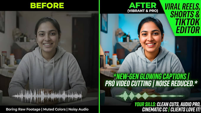 clean cuts, trendy captions, audio enhance