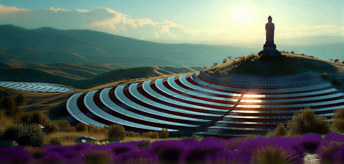create cinematic cgi solar farm and renewable energy visualization