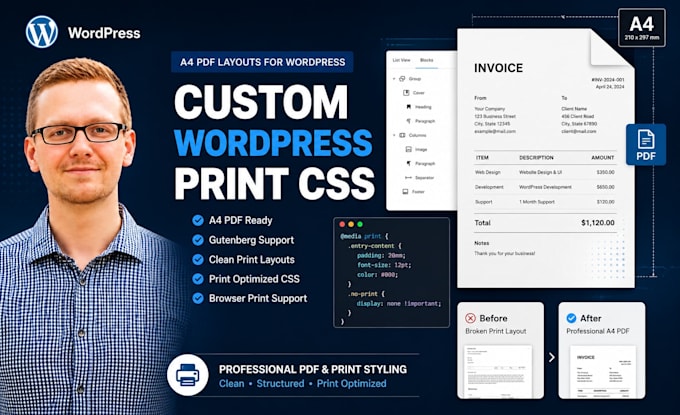 create custom wordpress print CSS for a4 PDF layout with gutenberg support