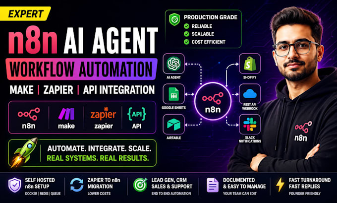 build n8n ai agent workflow automation make zapier api integration expert