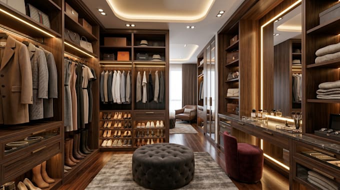 design walk in closet ,wardrobe, vanity 3d rendering