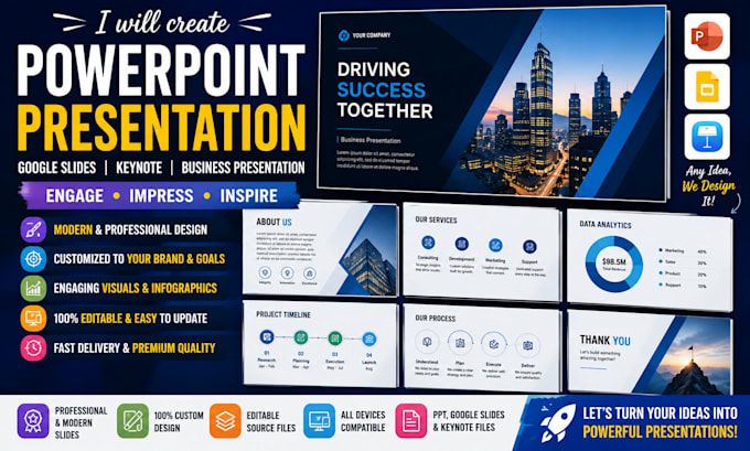 create powerpoint design, business presentation slides, google slides, keynote