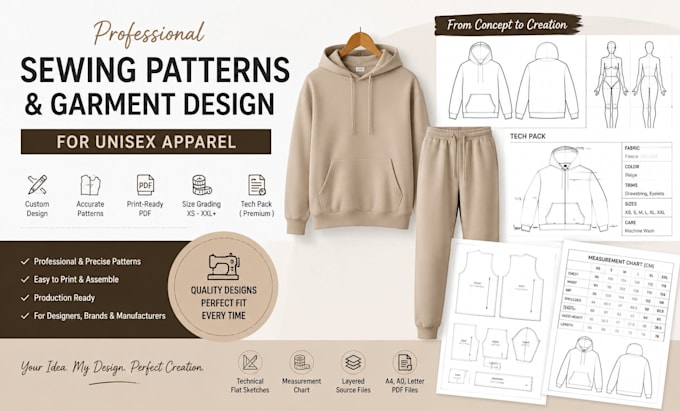 create professional unisex sewing patterns, garment, tech packs, printable PDF