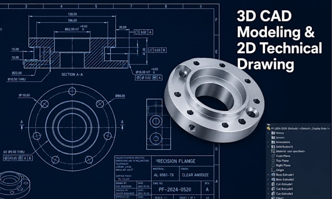 Create 3d cad modeling and 2d technical drawing for mechanical ...