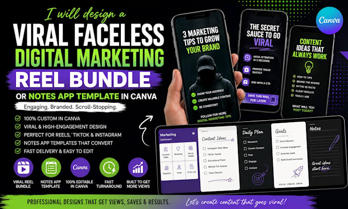 design viral faceless digital marketing reel bundle, notes app template in canva