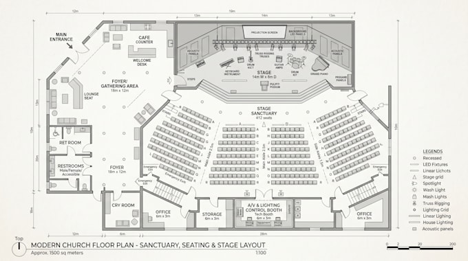 design modern church 2d floor plan with seating lighting  stage layout