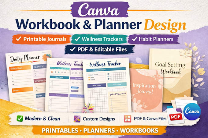 design canva workbook, printable planner, journal and wellness tracker