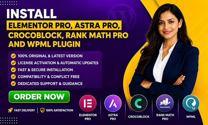install elementor pro, astra pro, crocoblock, rank math pro and wpml plugins