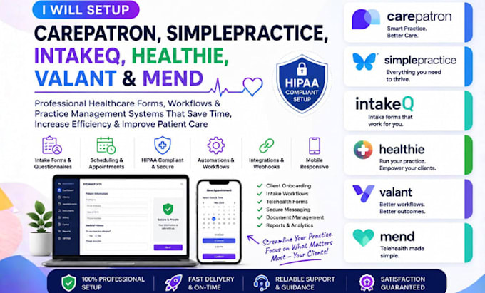 setup carepatron simplepractice intakeq healthie valant mend