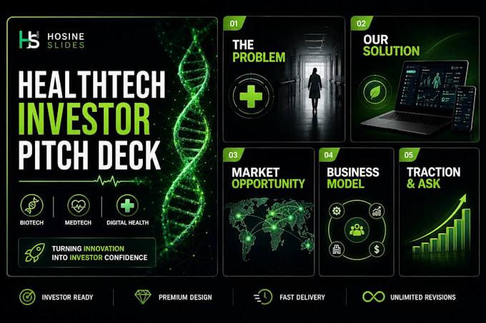 design a healthtech,biotech and medtech investor pitch deck