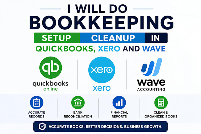 bookkeeping, setup, cleanup in quickbooks, xero and wave