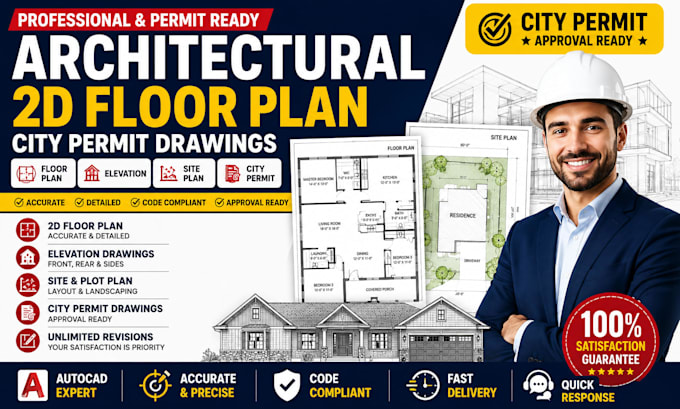 do architectural 2d floor plan, city permit, site plan and autocad blueprint