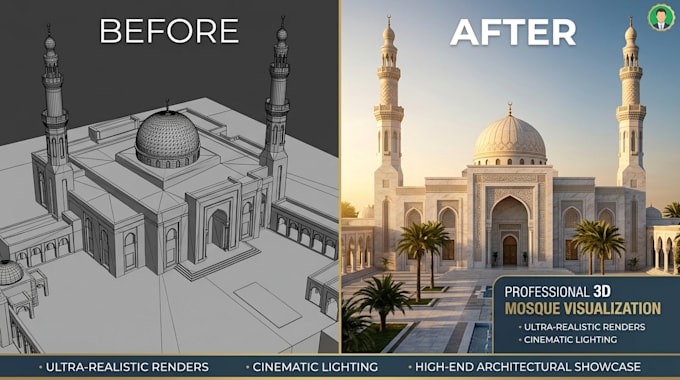design realistic 3d mosque exterior and interior visualization