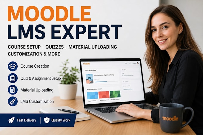 setup moodle course website, quizzes and materials, canvas lms