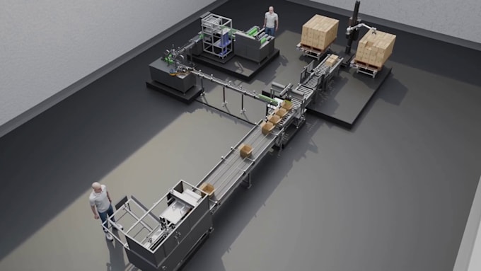 create realistic 3d industrial animation, factory production line animation