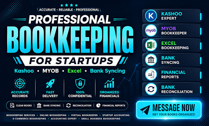 do bookkeeping, kashoo, myob, excel bookkeeping for startups with bank syncing