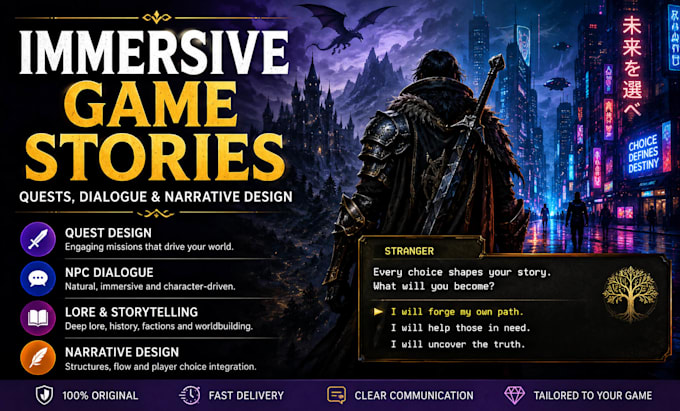 write immersive game stories, quests, dialogue and narrative design