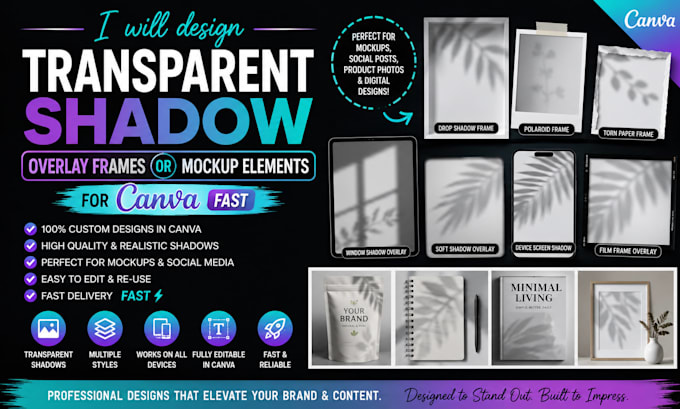 design transparent shadow overlay frames or mockup elements for canva fast