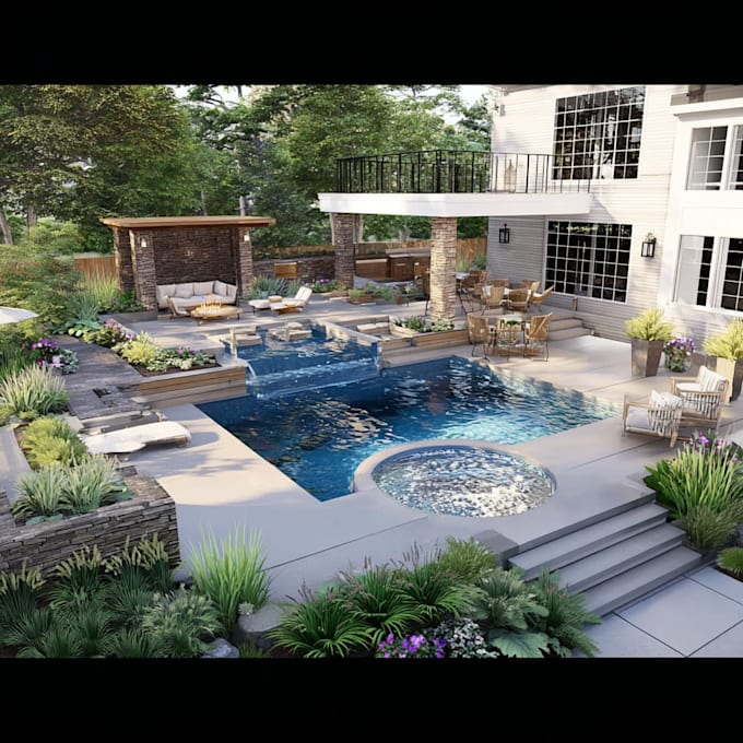 render realistic backyard landscape design renovation garden