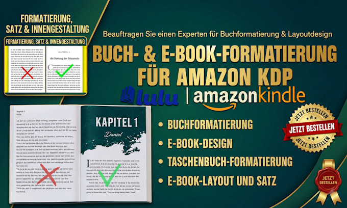 professionelle buchformatierung, KDP layout für ebook, paperback, kinderb