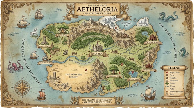 design map illustration, infographic map, fantasy map, travel map, location map