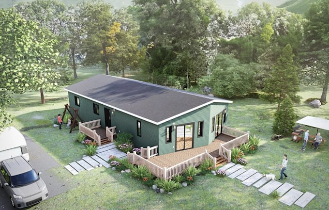 refurb 3d modular house,plan redraw,home extension,front entry deck,porch render