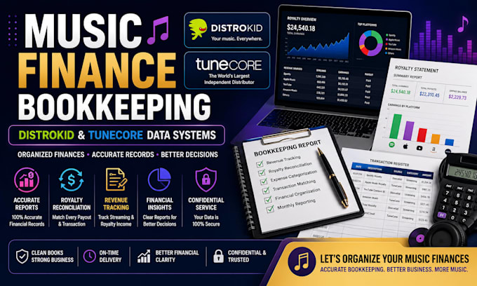 music finance bookkeeping using distrokid, tunecore data systems