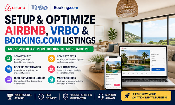 setup and optimize airbnb vrbo and booking com listings