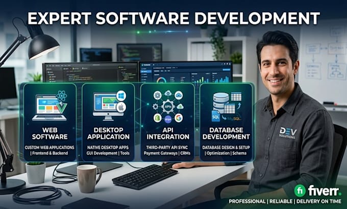 develop web software, desktop application, api integration, database development