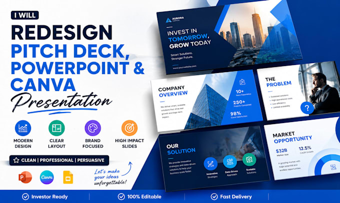 redesign pitch deck, powerpoint and canva presentation