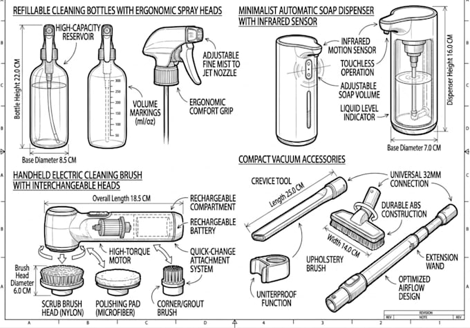 create smart home cleaning product accessory design, kitchen cleaning product