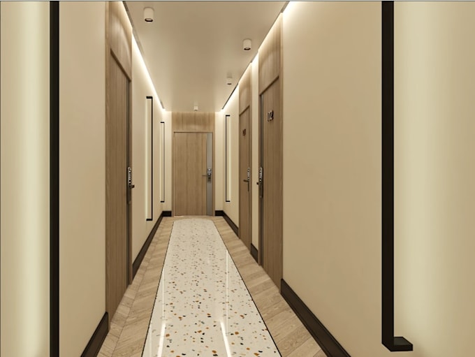 3d model render interior corridor design, lobby design staircase design hallway