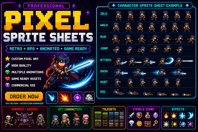 design retro pixel art sprite sheets and animations
