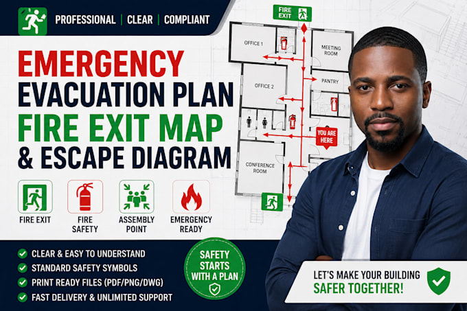 draw emergency evacuation plan, fire exit map and escape diagram