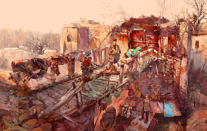illustrate detailed fantasy cityscapes, no ai