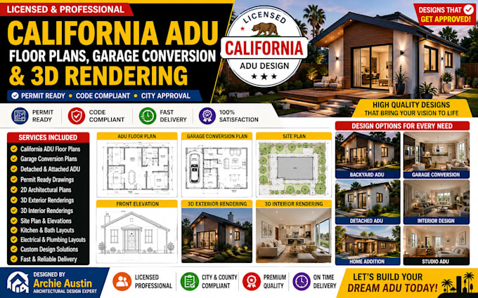 draw licensed california adu floor plans, garage conversion and 3d rendering