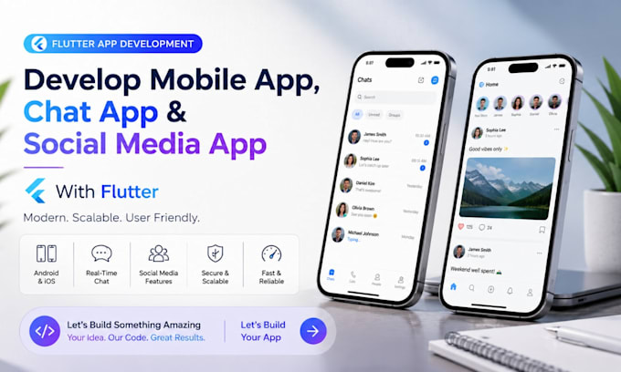 develop mobile app chat app and social media app with flutter