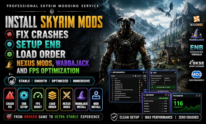install skyrim mods, fix crashes, setup enb, load order, nexus mods, fps optimiz