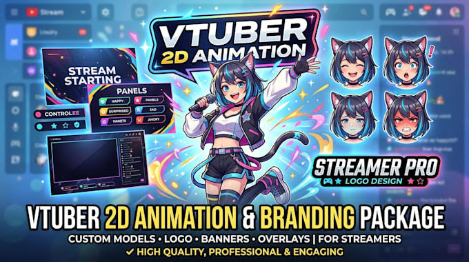 do vtuber 2d animation, vtuber banner design, vtuber logo design, vtuber package
