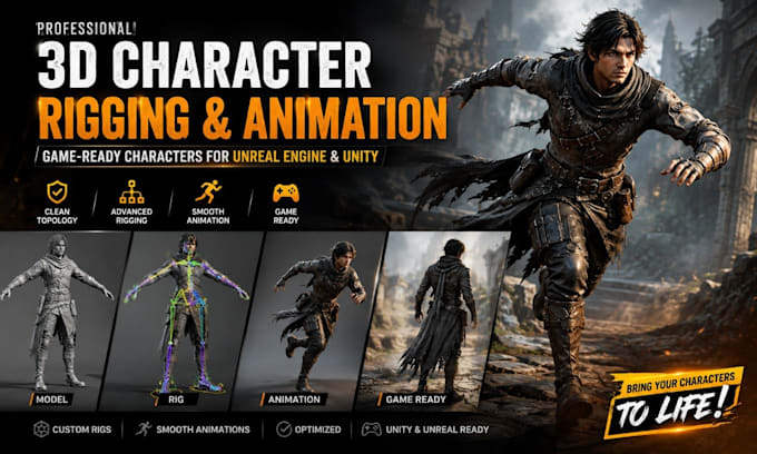 rig and animate 3d game characters for unreal engine or unity creation