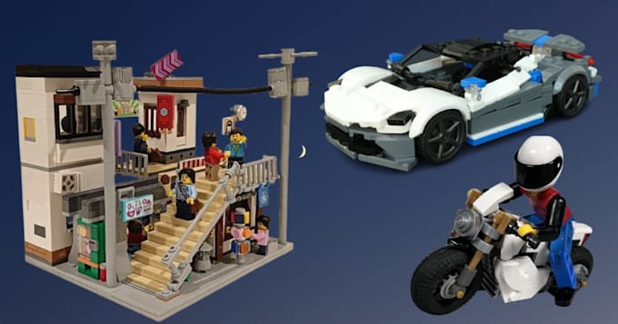 do 3d lego technic car, minifigure, house, ship with xml part list instructions