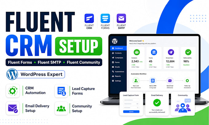 setup fluentcrm, fluent forms, fluent SMTP and fluent community